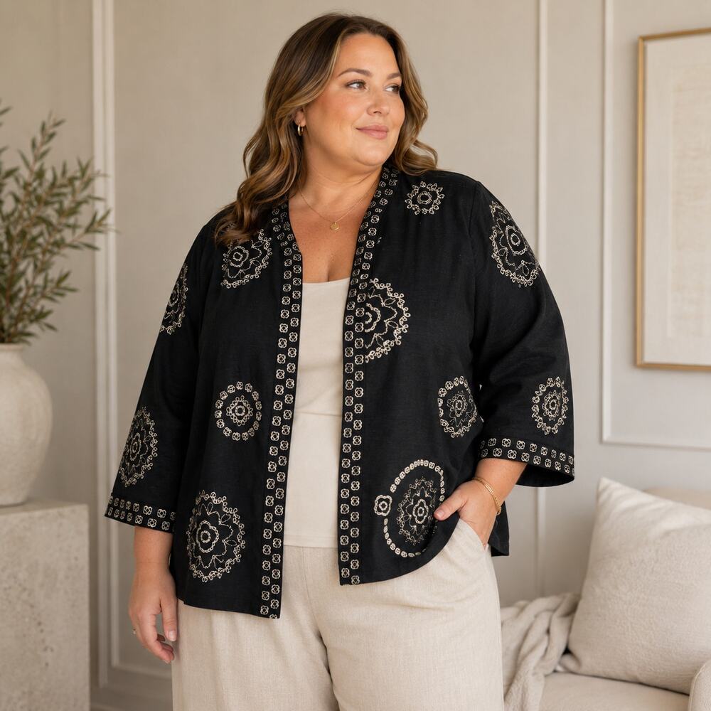 Birch Hill Woman Jacket Blazer Plus 2X Black Embroidered Silk Blend Quiet Luxury